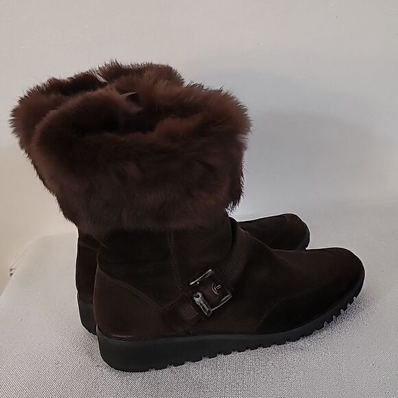 Women's Stuart Weitzman Mid Calf Boots Shoes Size Brown Fox Cuff Fur Lined - Picture 1 of 11